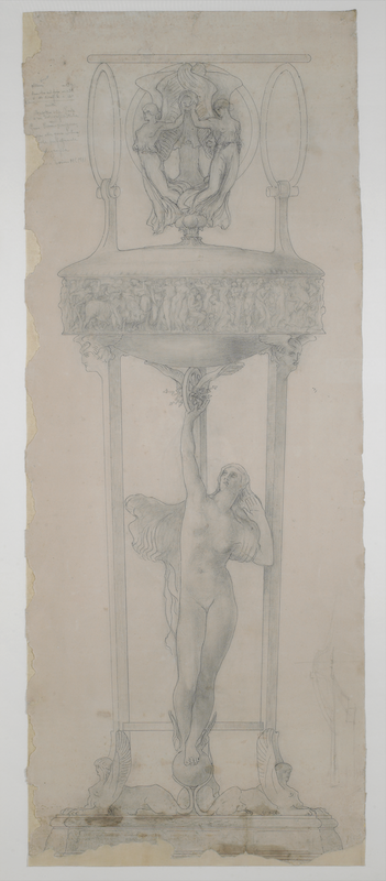 Angelo Zanelli,
disegno preparatorio per il Tripode-coppa L’Elettricità
1910-1911, matita e carboncino ripassato a china su cartoncino con annotazioni
Brescia, Musei Civici, Gabinetto dei Disegni e delle Stampe
