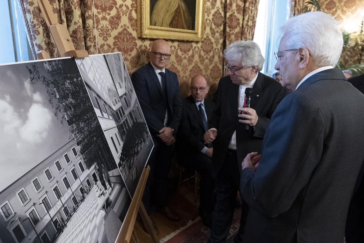 Architect Mario Botta showing Italian President Sergio Mattarella the plan for the new location of BiASA in Palazzo San Felice
