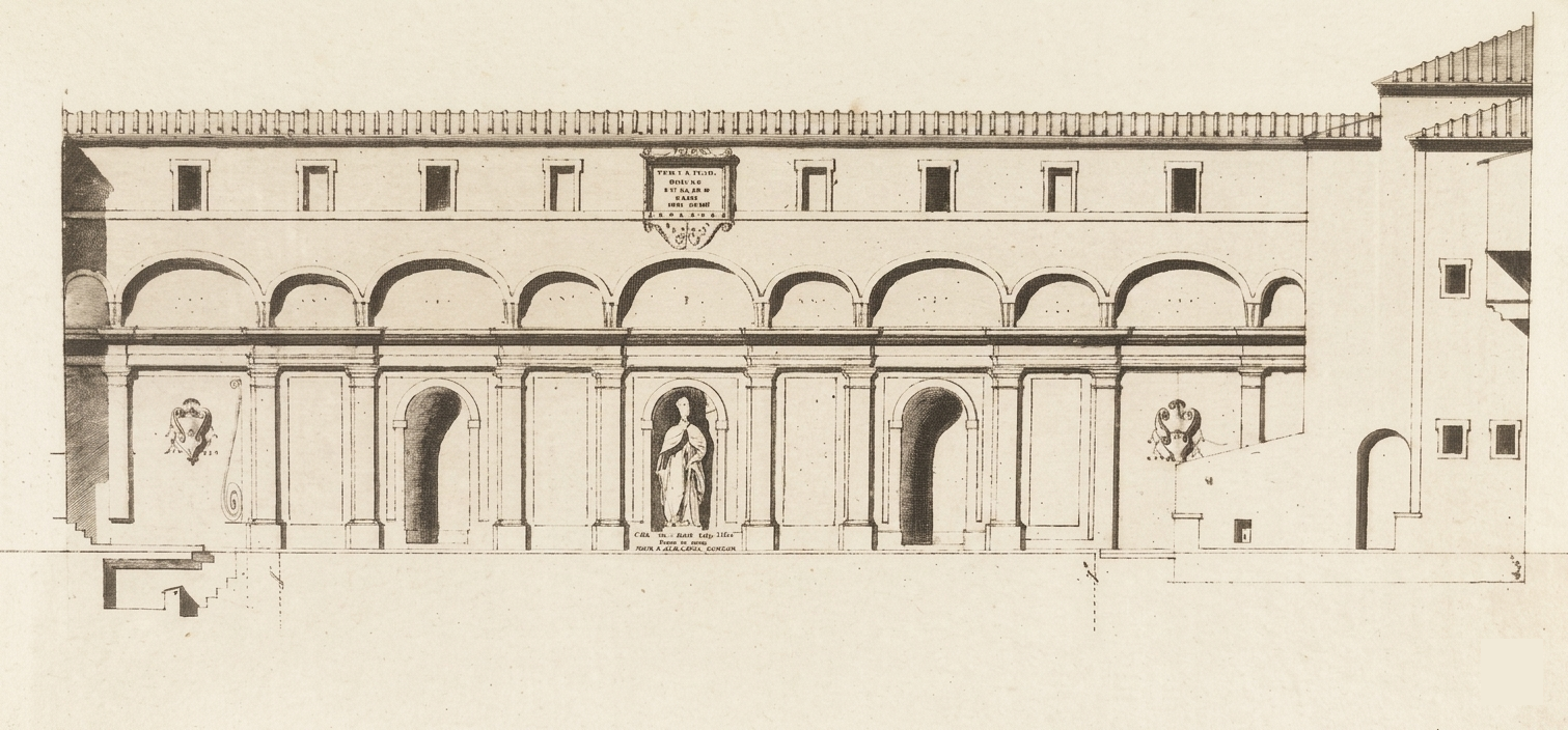 A.V. Barvitius, Rilievo della parete interna del muro di recinzione del Giardino Grande su via degli Astalli (da&nbsp;P. Dengel, M. Dvorak, H. Egger,&nbsp;Der Palazzo di Venezia in Rom, Vienna 1909)