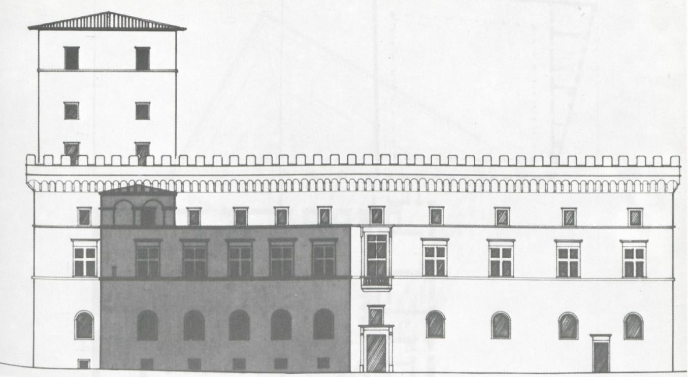 La facciata del palazzo con i contorni del palazzo cardinalizio (da&nbsp;P. Dengel,&nbsp;M.&nbsp;Dvořák, H. Egger,&nbsp;Der Palazzo di Venezia in Rom, Vienna 1909)