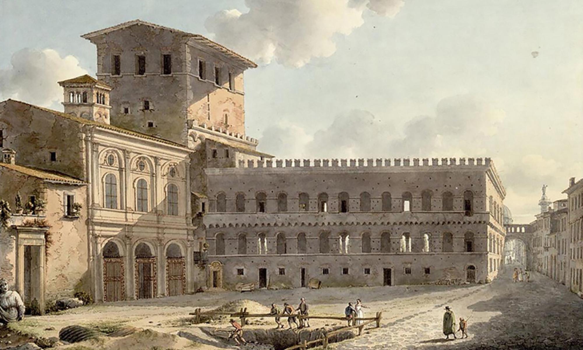 Victor Jean Nicolle,&nbsp;Palazzetto Venezia e chiesa di San Marco, disegno, 1787. Vienna, Albertina (da&nbsp;R. Finocchiaro,&nbsp;Come non era, dove non era: l’intricata vicenda della traslazione del Palazzetto Venezia a Roma, in “ArcHistoR”, XII, 2025, pp. 80-117)