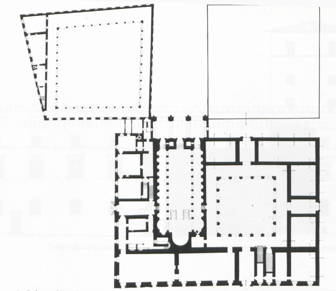 Ipotesi ricostruttiva planimetrica di Palazzo Venezia e del&nbsp;Viridarium (da C. L.&nbsp;Frommel,&nbsp;Chi era l’architetto di palazzo Venezia?&nbsp;in&nbsp;Studi in onore di Giulio Carlo Argan,&nbsp;vol. 2, Roma 1984,&nbsp;pp. 39-60)&nbsp;