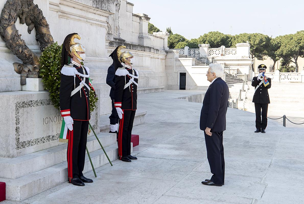 President of Italy Sergio Mattarella during the laying of a laurel wreath on the Tomb of the Unknown Soldier to celebrate the 75th Italian Liberation Day
