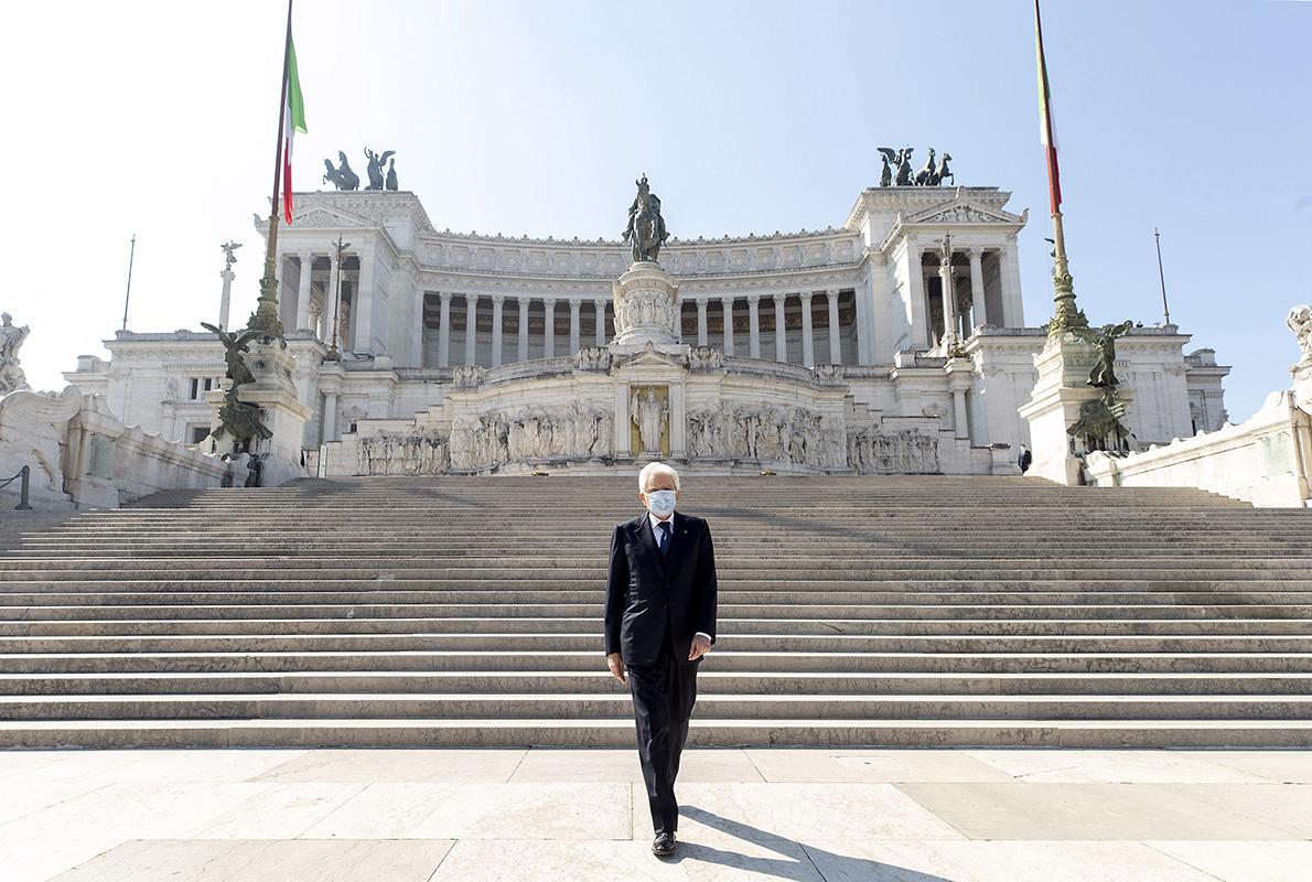 President of Italy Sergio Mattarella during the laying of a laurel wreath on the Tomb of the Unknown Soldier to celebrate the 75th Italian Liberation Day
