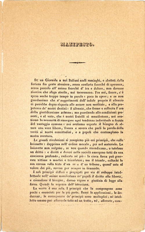 Giuseppe Mazzini
La Giovine Italia, manifesto         
1831                                                  
Roma, Biblioteca di storia Moderna e contemporanea, Fondo Guerrazzi
Su concessione del Ministero della Cultura / Biblioteca di storia moderna e contemporanea, Roma
 
