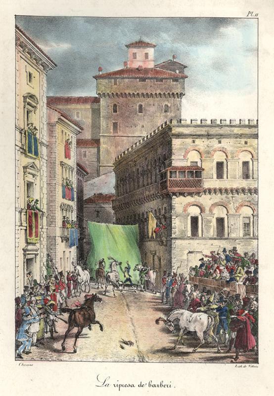J. B. Thomas,&nbsp;Ripresa de Barberi, 1816 (da https://commons.wikimedia.org/wiki/File:La_Ripresa_dei_Barberi_in_Piazza_Venezia,_Rome,_by_Antoine_Jean-Baptiste_Thomas,_1816.png)