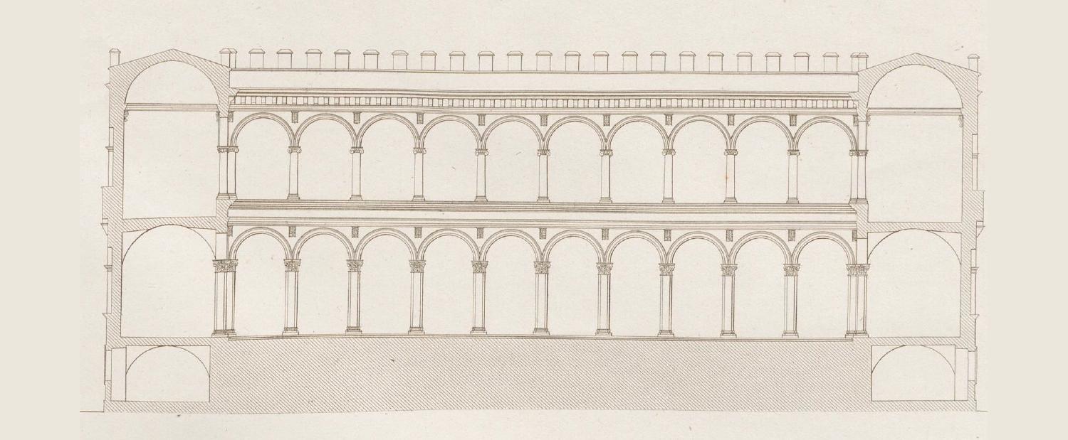 Sezione longitudinale del&nbsp;Viridarium (da P. Letarouilly,&nbsp;Edifices de Rome moderne, Paris 1840)