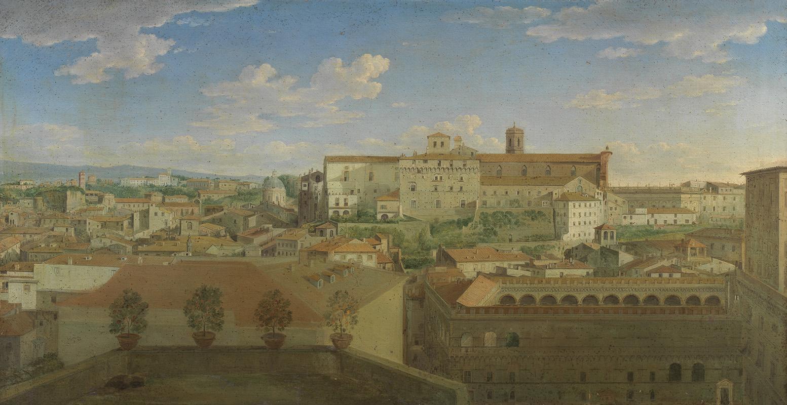 View of Piazza Venezia, Hendrik Frans Van Lint, oil on canvas, 18th century, in the collection of the Museum of Palazzo Venezia. Shown from what is now Via del Corso, the Capitoline Hill is in the background and Palazzo Venezia can be seen on the lower right.
