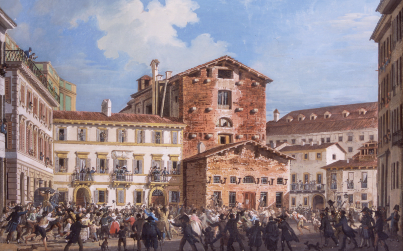 Giovanni Migliara    
Dal balcone di casa Soresi in piazza del Teatro filodrammatico in Milano, il generale Domenico Pino arringa i tumultuosi (20 aprile 1814)
1815 circa    
tempera su seta        
Milano, Palazzo Morando|Costume Moda Immagine 
© Comune di Milano - tutti i diritti riservati- Palazzo Morando | Costume Moda Immagine, Milano
