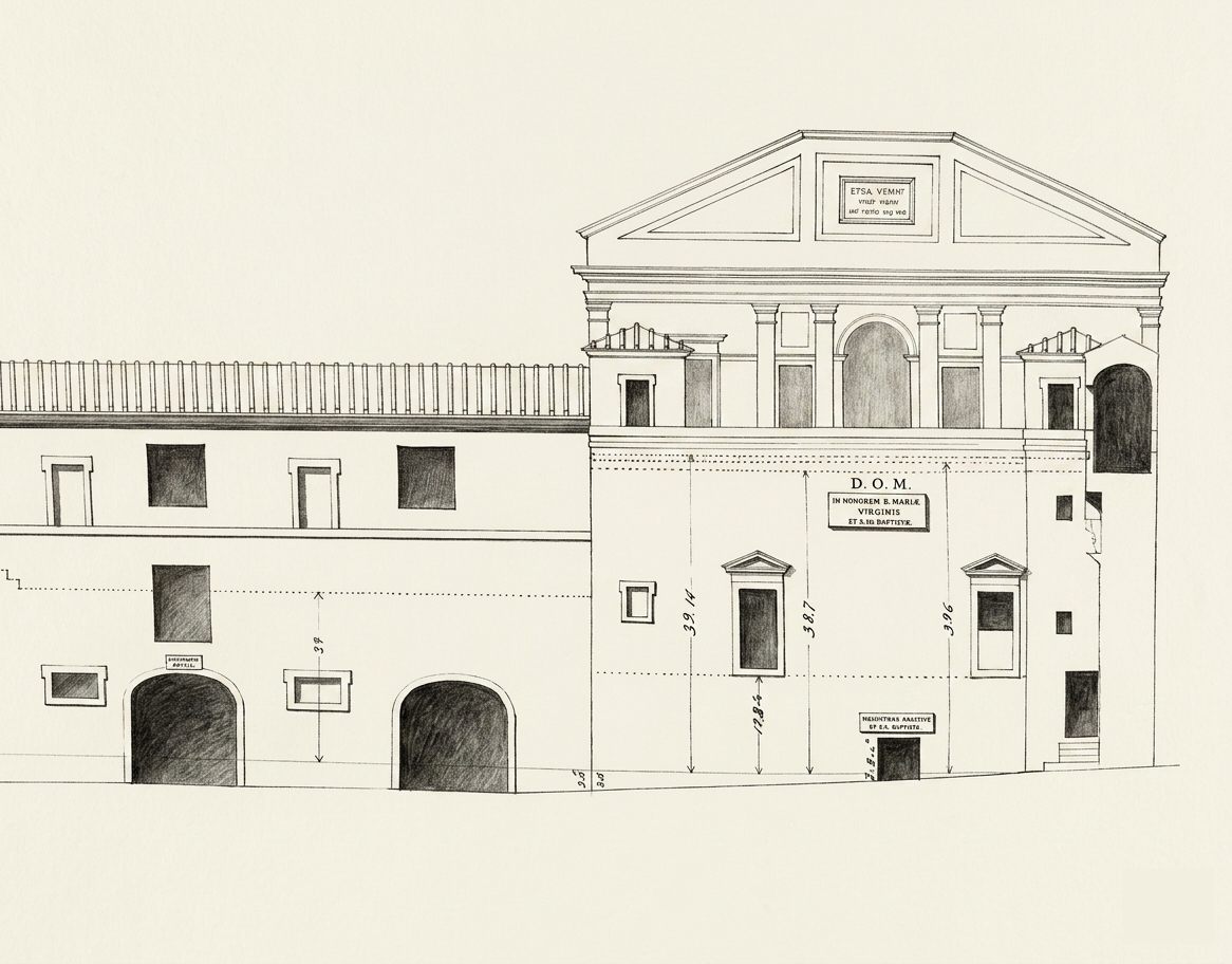 A.V. Barvitius, Rilievo dell’ala sud di Palazzo Venezia, con la costruzione settecentesca dell’appartamento Querini sulla torre incompiuta (da&nbsp;P. Dengel, M. Dvorak, H. Egger,&nbsp;Der Palazzo di Venezia in Rom, Vienna 1909)