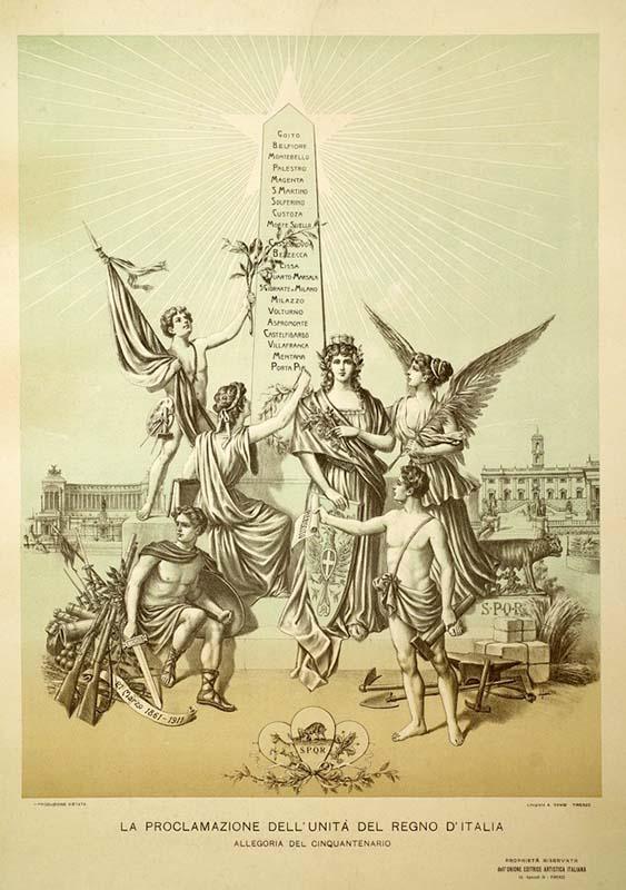 Proclamation of the Unification of the Kingdom of Italy. Allegory of the Semicentennial in a lithograph by A. Gambi produced for the 1911 festivities, which included an exhibition on the Italian Risorgimento
