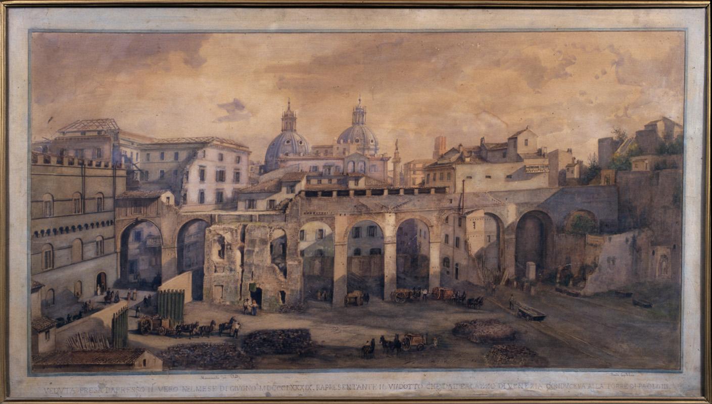 Il Passetto che collegava Palazzetto San Marco (a sinistra) e la Torre di Paolo III (a destra) in una veduta di Vittorio Marchi del 1889
