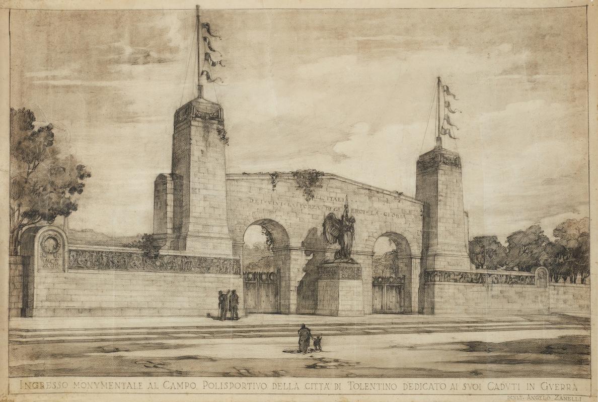 Angelo Zanelli
prospetto del monumento ai Caduti di Tolentino, 
1928, matita, china e pastello su cartoncino
Brescia, Musei Civici, Gabinetto dei Disegni e delle Stampe 
