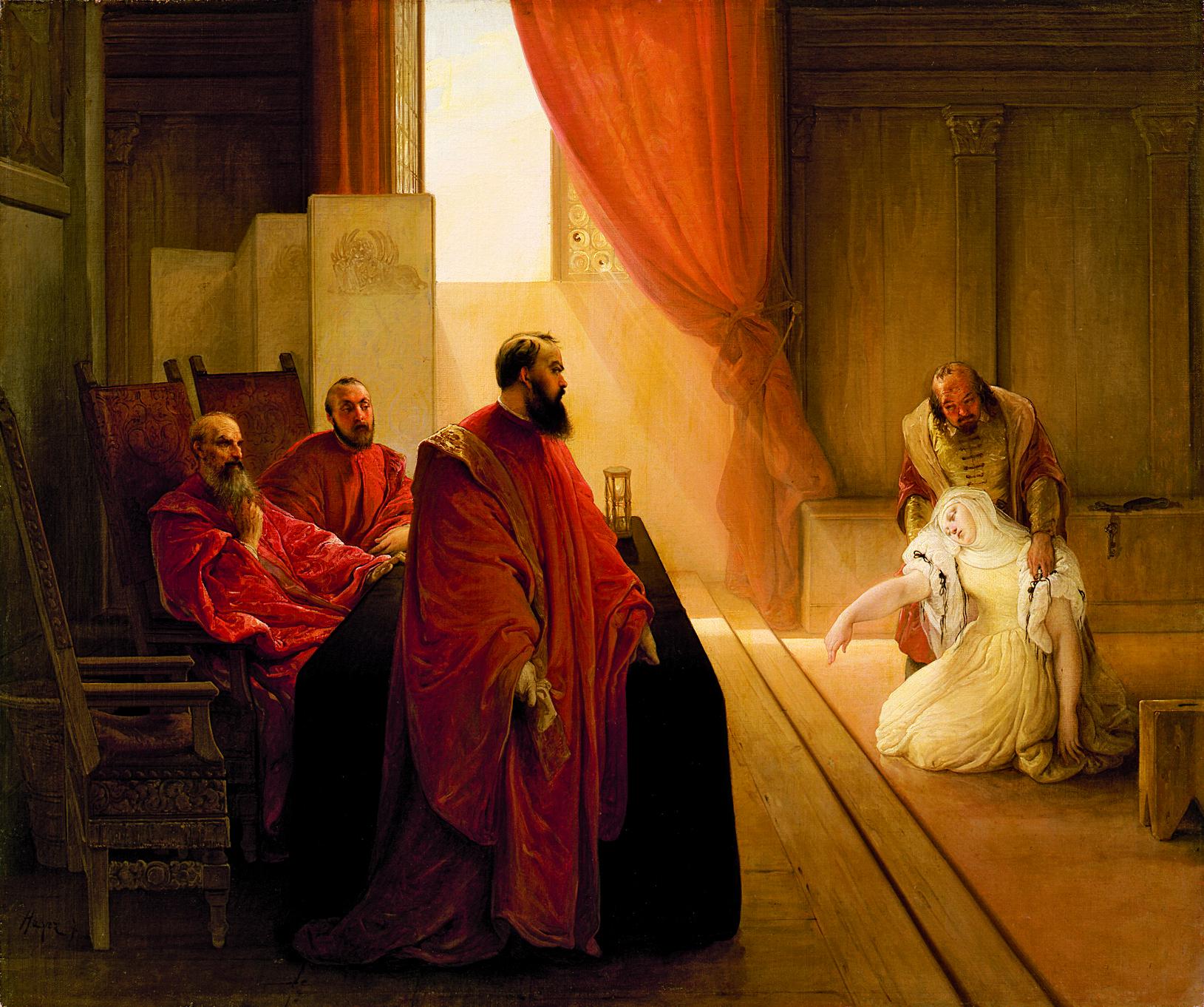 Francesco Hayez    
Valenza Gradenigo davanti agli Inquisitori    
1835    
olio su tela     
Collezione Fondazione Cariplo, Gallerie d'Italia – Milano
Foto Paolo Vandrasch, Milano
