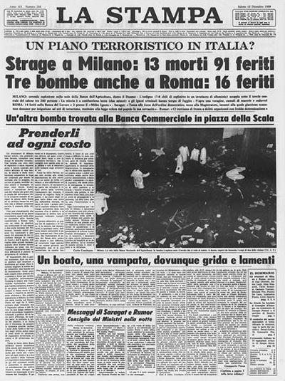La prima pagina de La Stampa dedicata agli attentati del 1969
