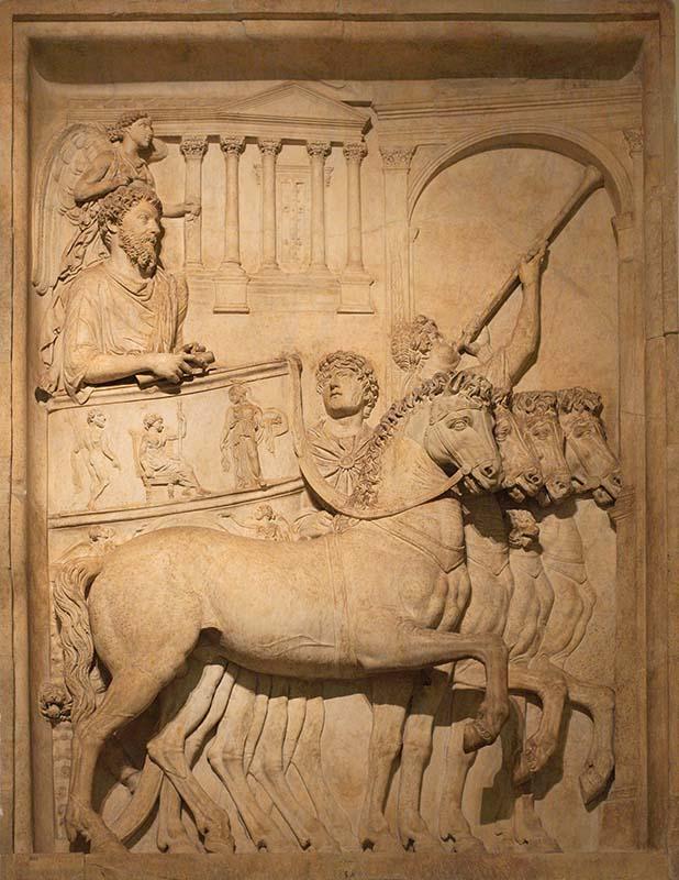 Bas relief depicting the Triumph of Marcus Aurelius which originally decorated a triumphal arch at the base of the Capitoline hill near the Roman Forum, erected to promote the emperor's victories over the Germans and the Sarmitans, now in the collection of the Capitoline Museums, Rome
