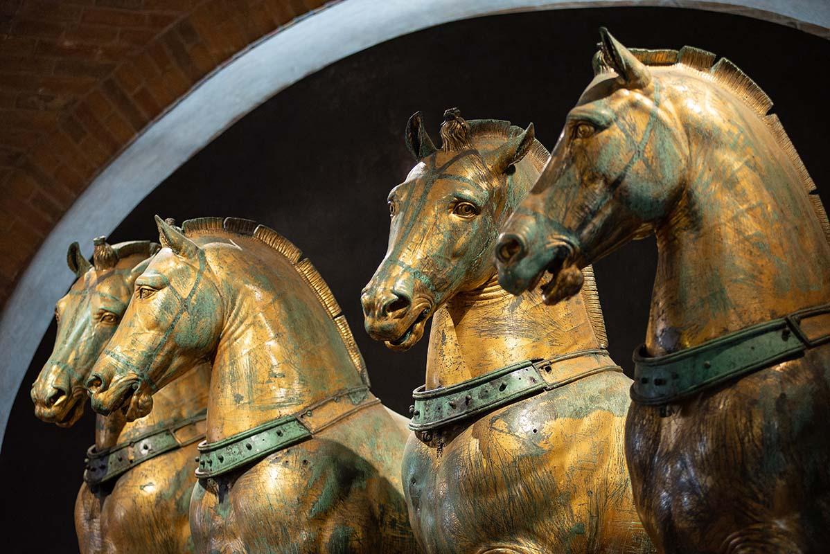 Bronze horses of the Quadriga of Saint Mark's Basilica in Venice, now in the basilica’s museum for safekeeping from the elements. Identical copies now decorate the pronaos of the Venetian church
