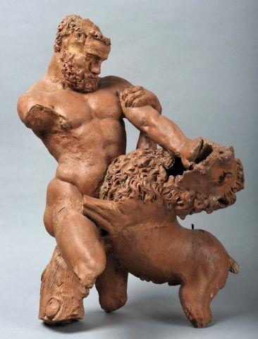 Ercole e il leone Nemeo in una scultura in terracotta di Bartolomeo Bandinelli detto Baccio Bandinelli del 1530-1540 circa, dalla collezione Gorga, conservato presso il Museo del Palazzo di Venezia
