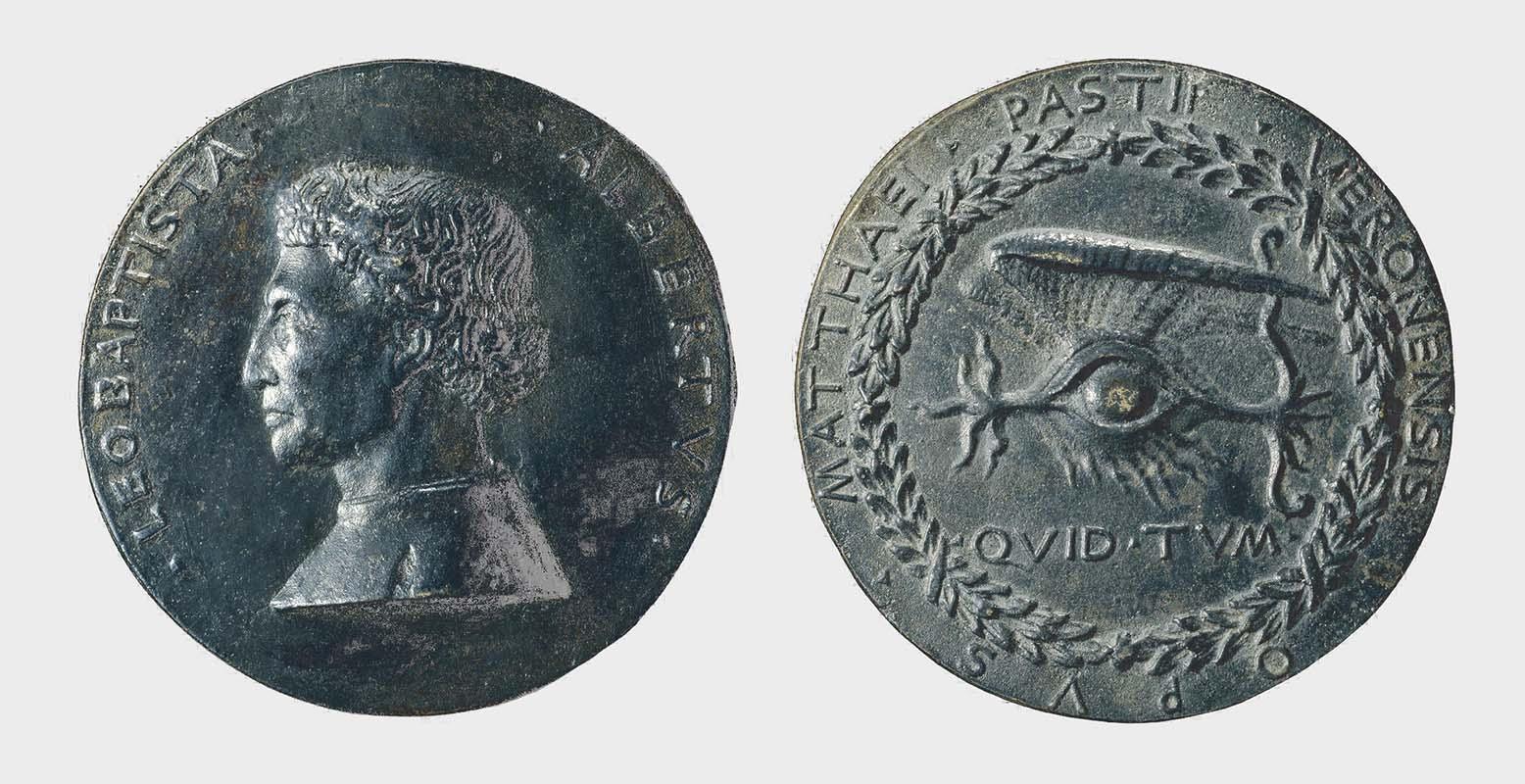 Medaglia di Leon Battista Alberti, con raffigurato il busto (recto) e l'allegoria di un fiammante occhio alato circondato da una corona di alloro (verso), conservata presso il British Museum di Londra