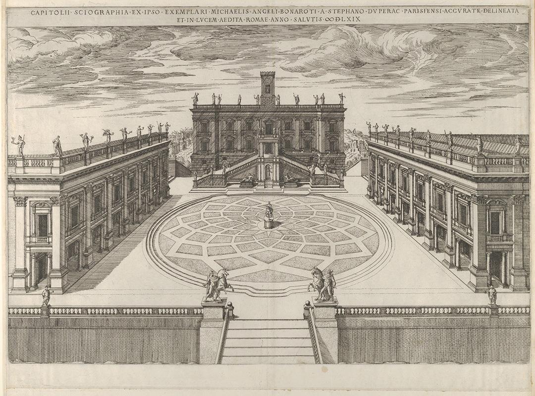 View of the Capitoline Hill as modified by Michelangelo in a 1569 engraving by Étienne Dupérac, from Speculum Romanae Magnificentiae (published in 1575 by Antoine Lafréry)
