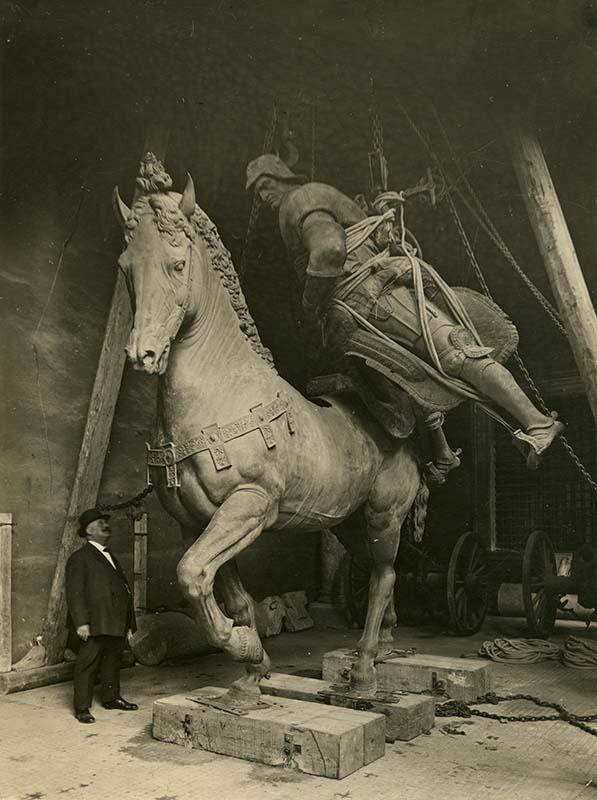 The equestrian monument of Bartolomeo Colleoni by Andrea Verrocchio in Palazzo Venezia in Rome during WWI
