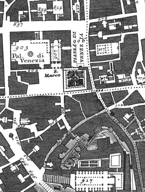 Il palazzo di Venezia con l'omonima piazza, il Palazzetto e la piazza di San Marco nella Pianta di Roma di Giovanni Battista Nolli del 1748
