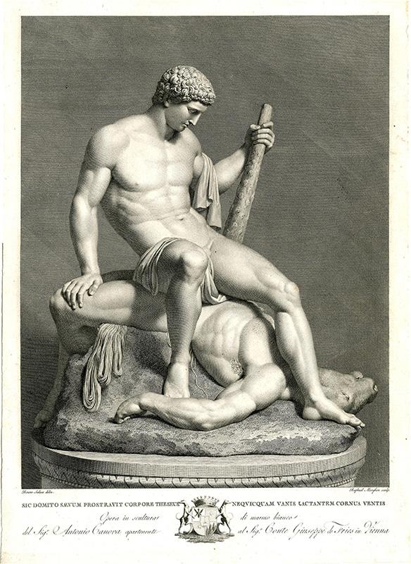 Teseo e il Minotauro di Antonio Canova in una riproduzione a stampa realizzata dall'incisore Raffaello Sanzio Morghen, che contribuì notevolmente alla divulgazione dell'opera dello scultore