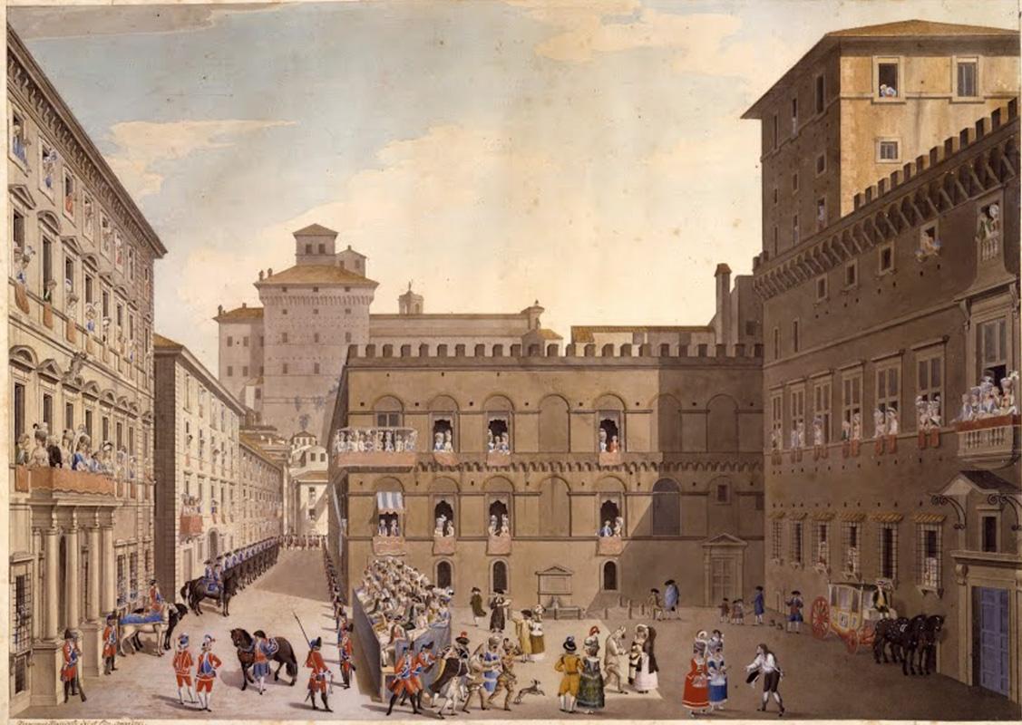 Piazza Venezia allestita per la Corsa dei Barberi in una tempera su carta di Francesco Mucinelli del 1781, conservata presso il Museo di Roma in Trastevere