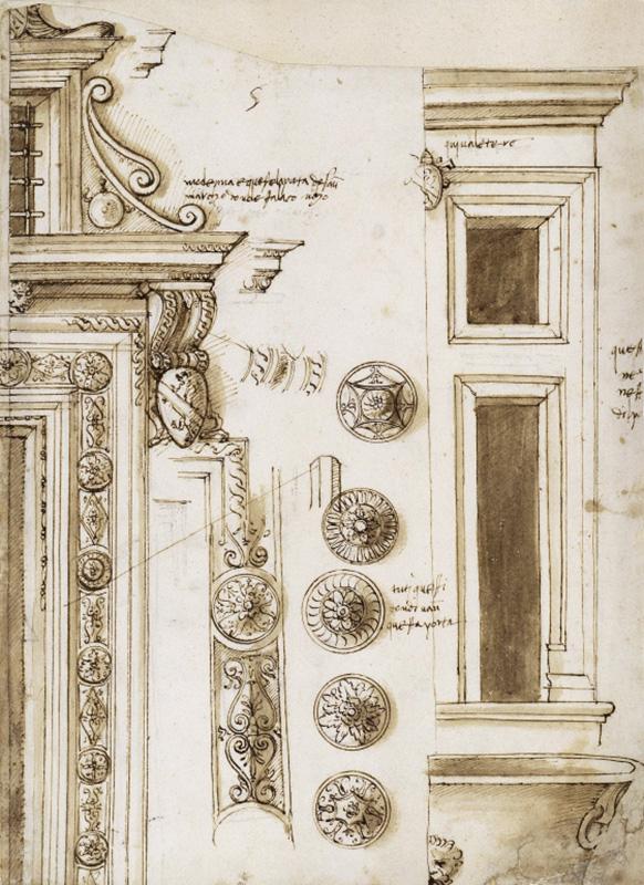 Disegno anonimo di fine XV e inizi XVI secolo, ambito di Leon Battista Alberti, con particolari scultoreo-architettonici del Palazzo, in basso a destra la vasca di granito già collocata a ridosso del Palazzetto, conservato presso il Gabinetto Disegni e Stampe dei Staatlichen Museen di Berlino