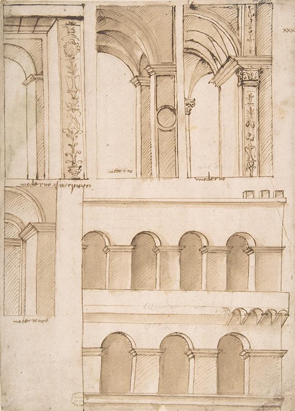 Disegno anonimo di fine XV e inizi XVI secolo, ambito di Leon Battista Alberti, in basso a destra il prospetto di un angolo del Palazzetto Venezia, conservato presso il Dipartimento Disegni e Stampe del Metropolitan Museum of Art di New York
