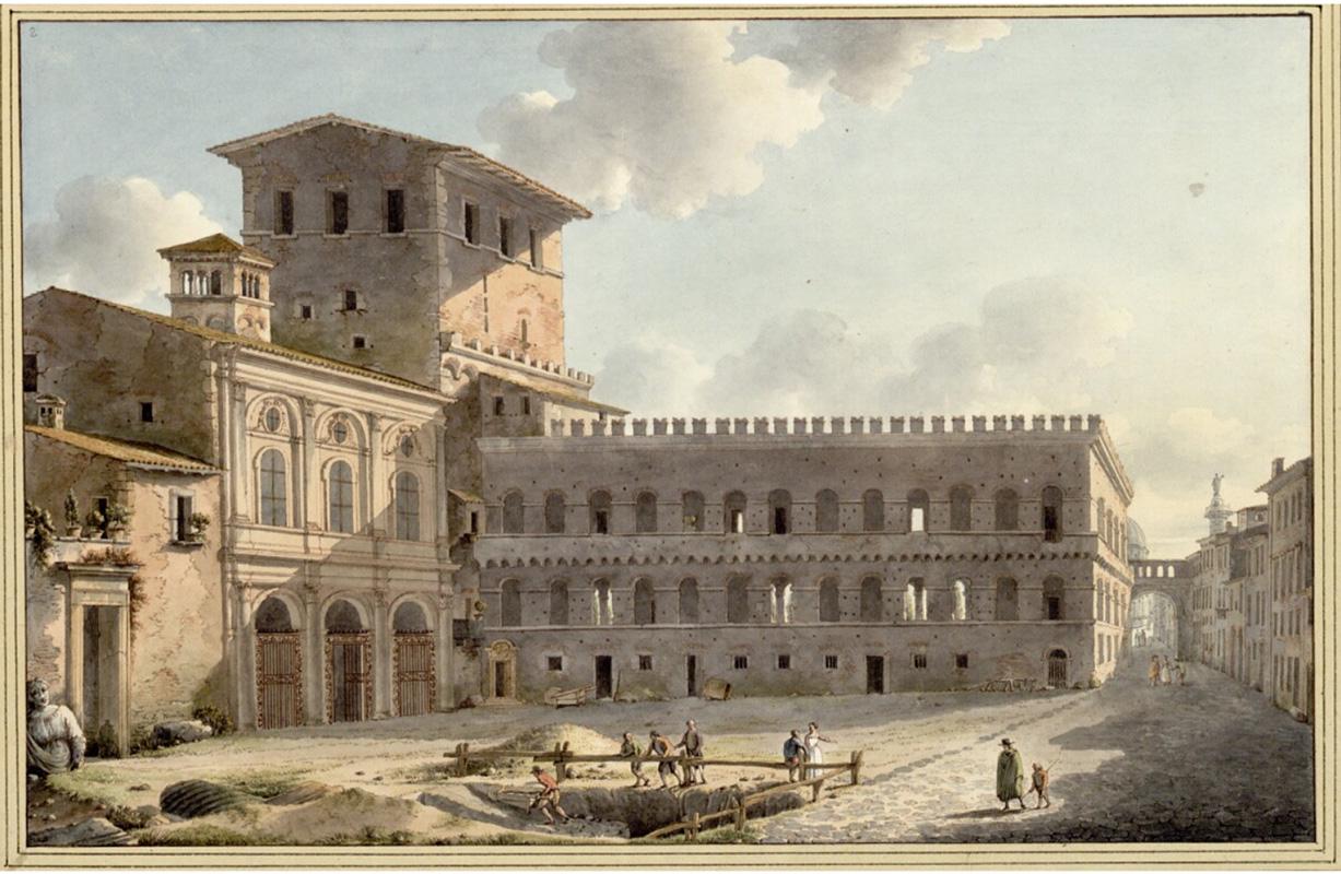 La piazza di San Marco con la Basilica omonima, il Palazzetto e la torre in un acquerello di Jean Victor Nicolle del 1787-1789, conservato presso l'Albertina Museum di Vienna. L'assetto settecentesco del complesso non doveva distaccarsi sostanzialmente da quello rinascimentale.
