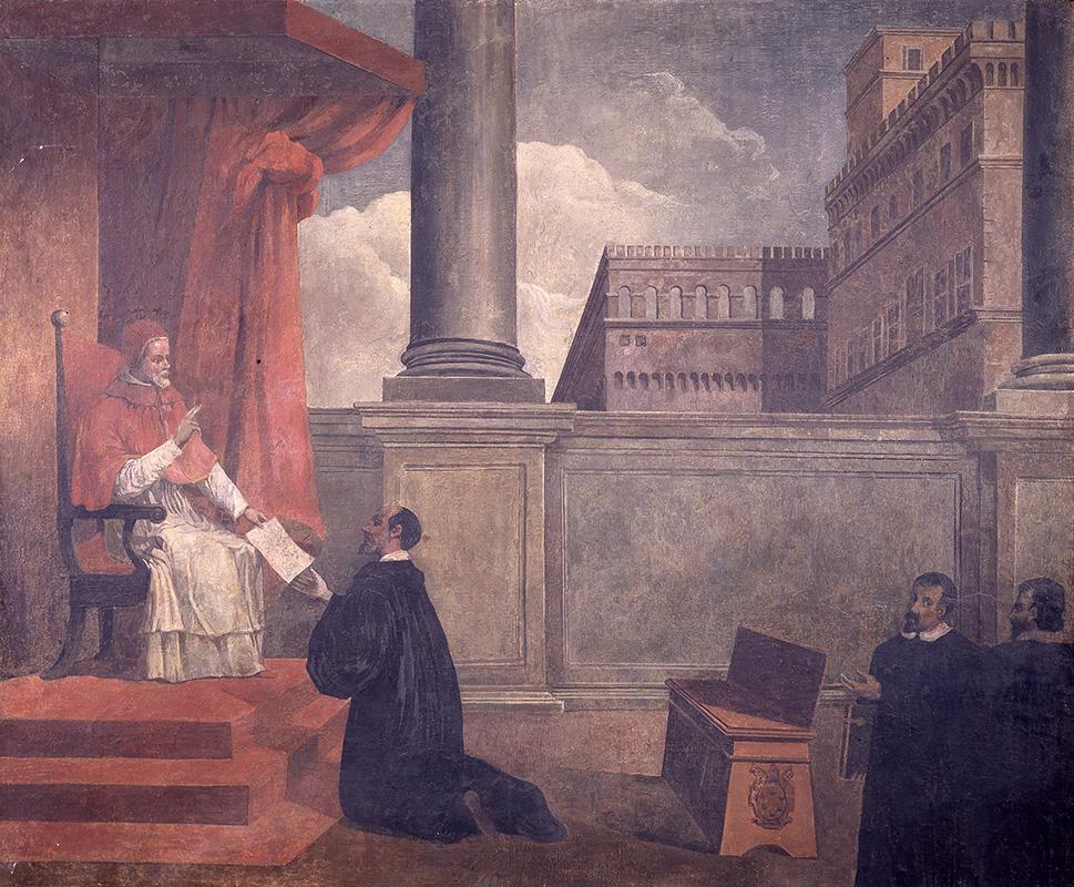 Pius IV (Giovanni Angelo Medici) donates the entire San Marco complex to the Republic of Venice in a fresco that has been removed from the wall, now kept at the Museum of Palazzo Venezia

