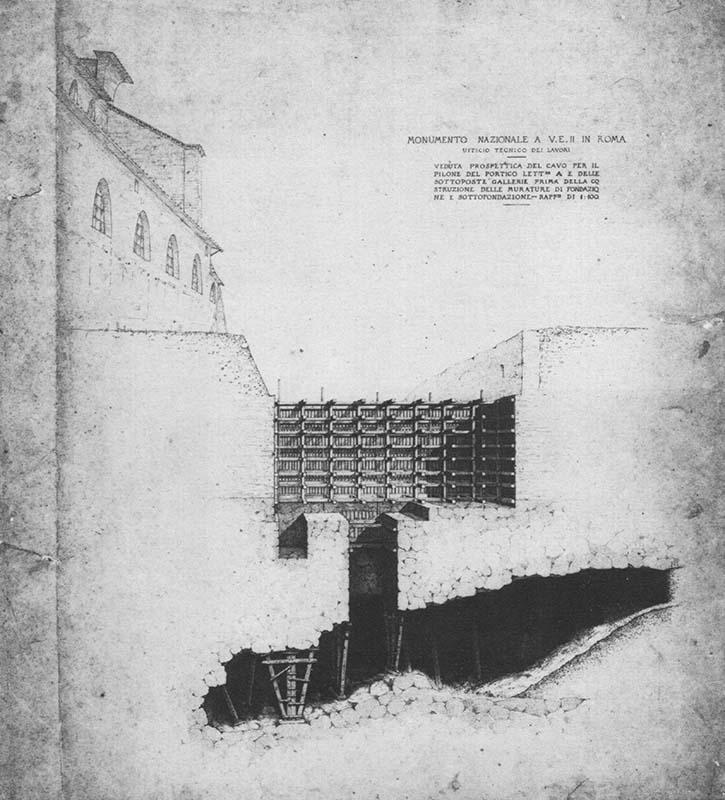 Difficoltà geologiche riscontrate da Sacconi: veduta prospettica dello scavo per l'inserimento del pilone del portico e sue fondazioni
