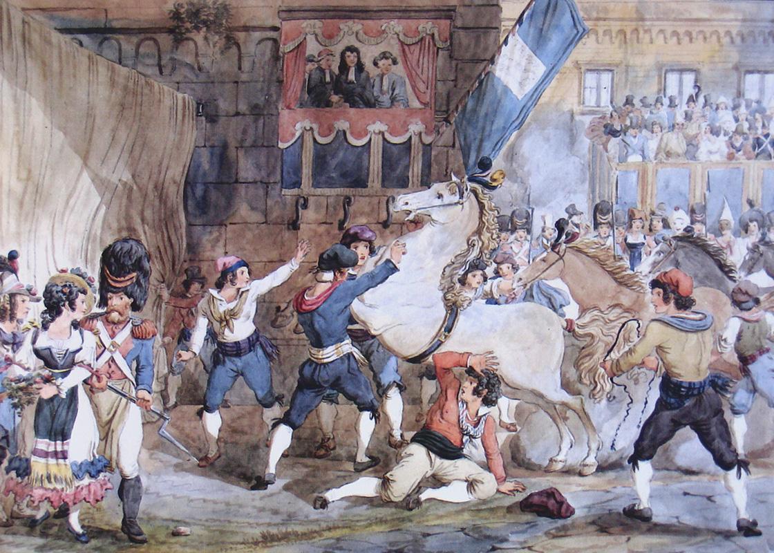La ripresa dei Barberi in un acquerello di Achille Pinelli del 1832, il quale per l'impostazione della scena e delle figure si è ispirato al repertorio paterno