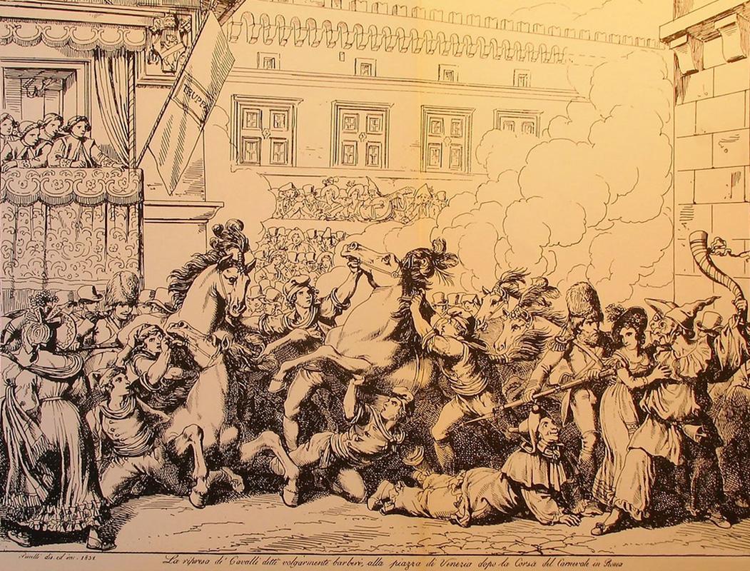 Catching the Horses, Commonly called ‘Barberi’ in Piazza Venezia after the Carnival Race in Rome, Bartolomeo Pinelli, engraving,1831
