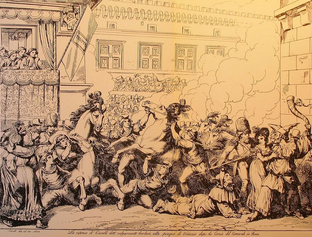 Ripresa de' Cavalli detti volgarmente barberi alla piazza di Venezia dopo la Corsa del Carnevale in Roma in una incisione di Bartolomeo Pinelli del 1831