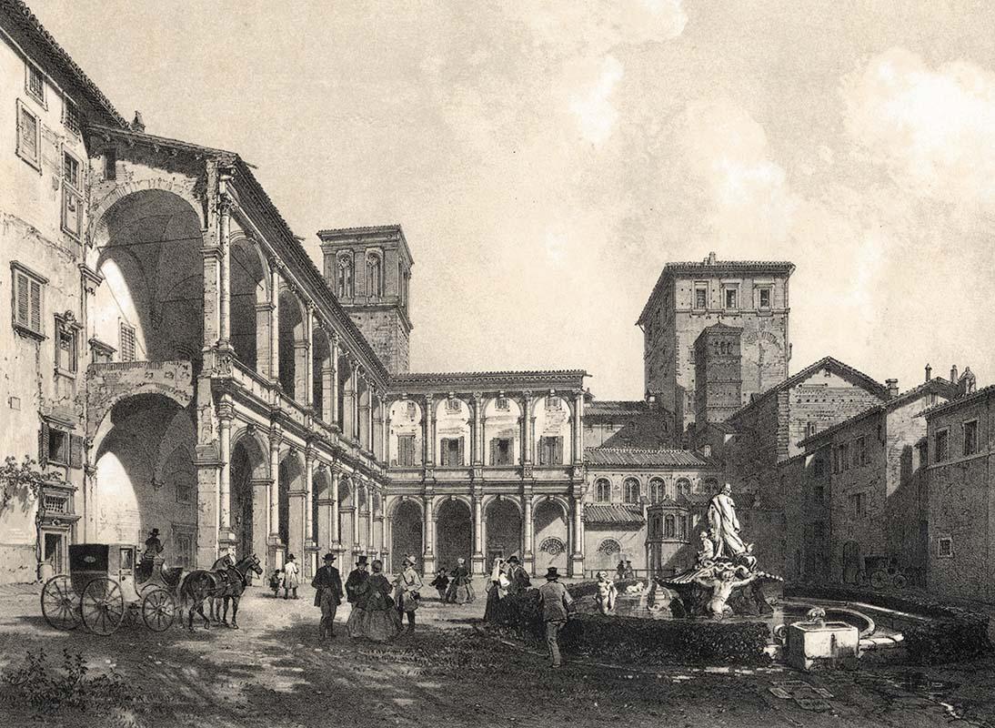 Courtyard of Palazzo Venezia with Monaldi's fountain in a lithograph by Philippe Benoist, 1870
