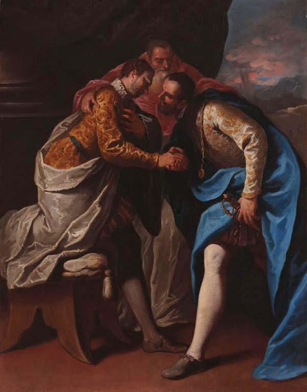 Pope Paul III reconciling Francis I (House of Valois) and Charles V, Holy Roman Emperor in a painting by Sebastiano Ricci, part of the collection of Palazzo Farnese in Piacenza, Italy
