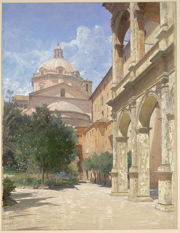 View of the large courtyard of Palazzo Venezia, looking towards the Church of Gesù, in a painting by Othmar Brioschi
