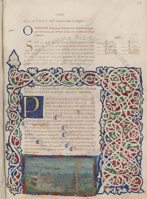 Codice manoscritto miniato contenente la Geometria di Euclide tradotta in latino (Vat. lat. 2224, f. 98r), in basso una veduta di Roma dal colle Vaticano su disegno di Francesco del Borgo di probabile ispirazione albertiana