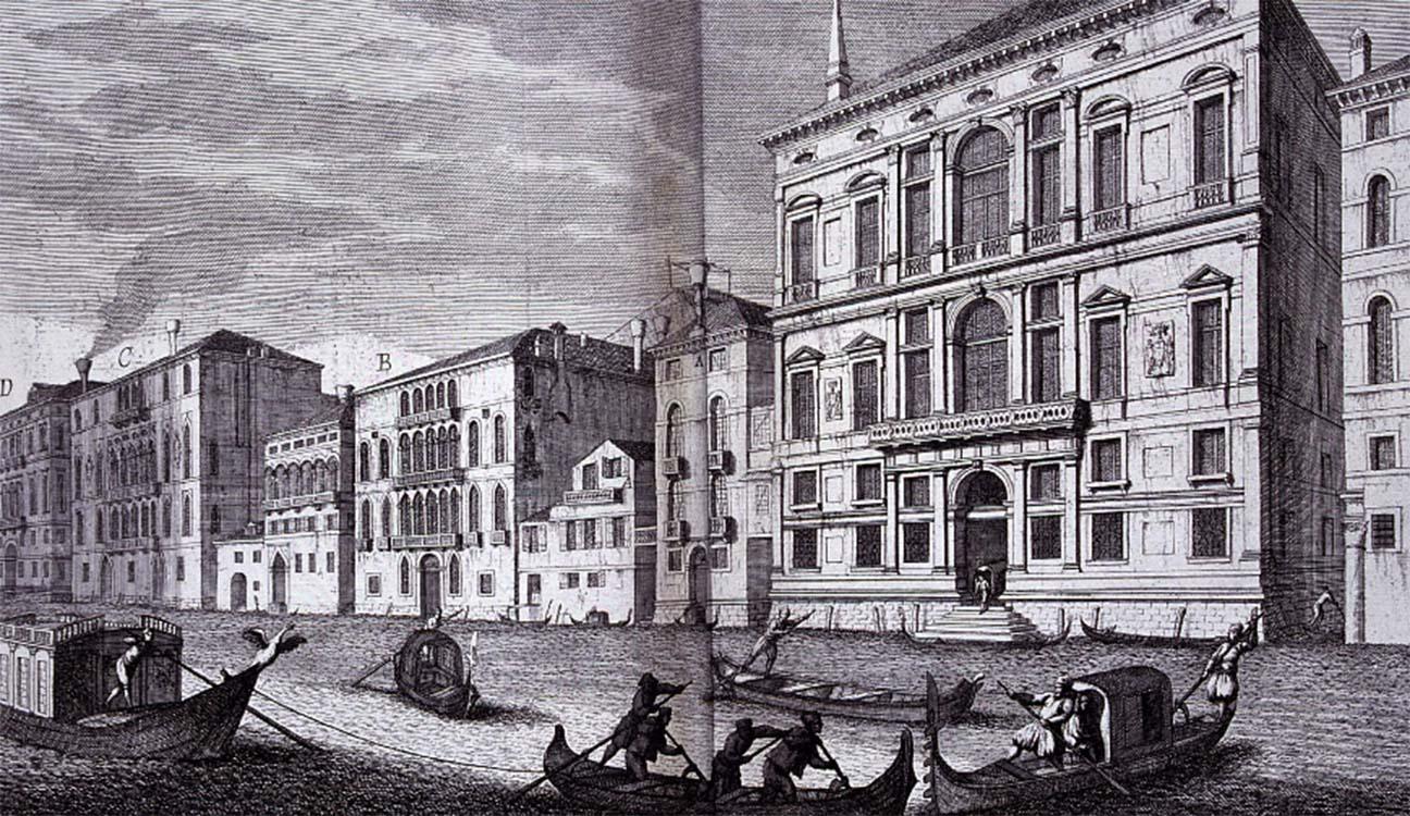 View of Lorenzo Tiepolo’s Palace in San Apolinar on the Grand Canal of Venice, in an engraving taken from the grand theatre of Venice of 1717, where, after his brief Roman assignment, he assumed the position of procurator of San Marco.
