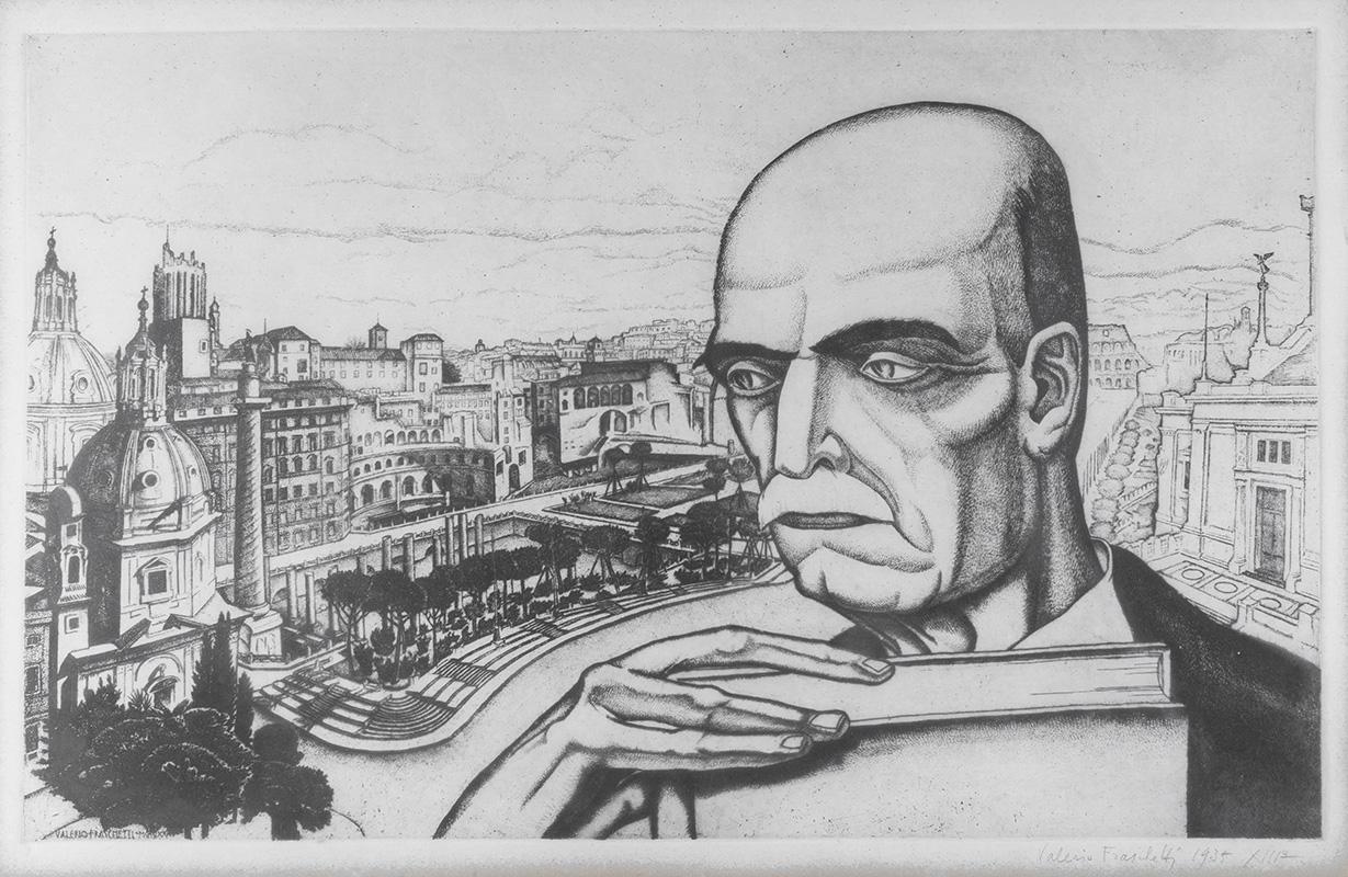 Portrait of Rodolfo Lanciani with the Imperial Forum behind him, in a 1934 print by painter and engraver Valerio Fraschetti, today in the Lanciani Archive, BiASA
