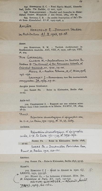 Sketches for the Bibliographic Guide for the Study of Islamic Art, containing drafts with handwritten corrections and additional sheets attached to the pages, April-May 1944
