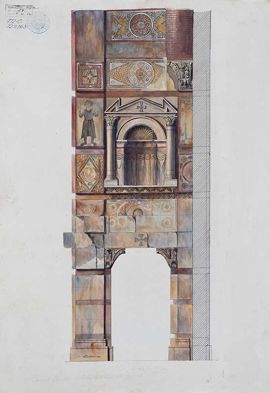 Depiction of one of the walls of the church south of Deir Anba Al-Abyad (White Monastery) in a watercolour by Egyptologist Jean Cledat, 1903
