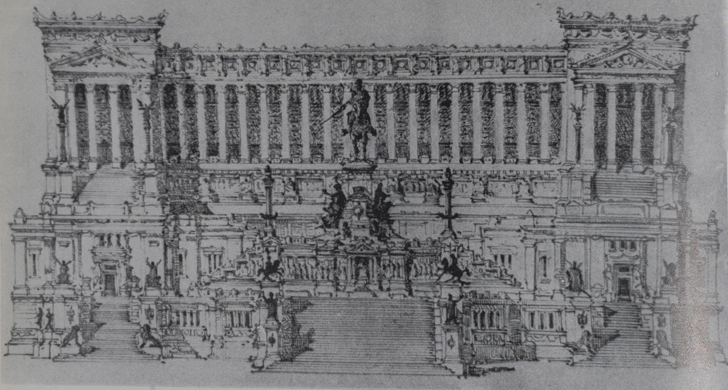 Il secondo progetto per il Monumento a Vittorio Emanuele II elaborato da Giuseppe Sacconi in occasione della visita di Umberto I al cantiere nel giugno 1890

