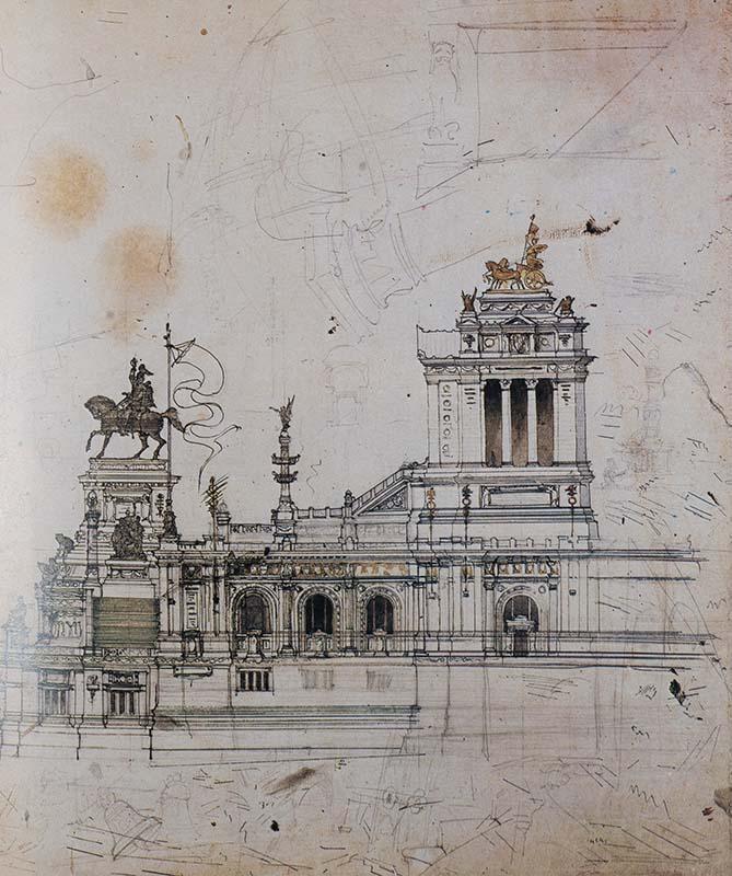 Disegno acquerellato del profilo del Monumento a Vittorio Emanuele II elaborato da Sacconi, con l'ideazione finale delle quadrighe in bronzo dorato (in alto a destra)

