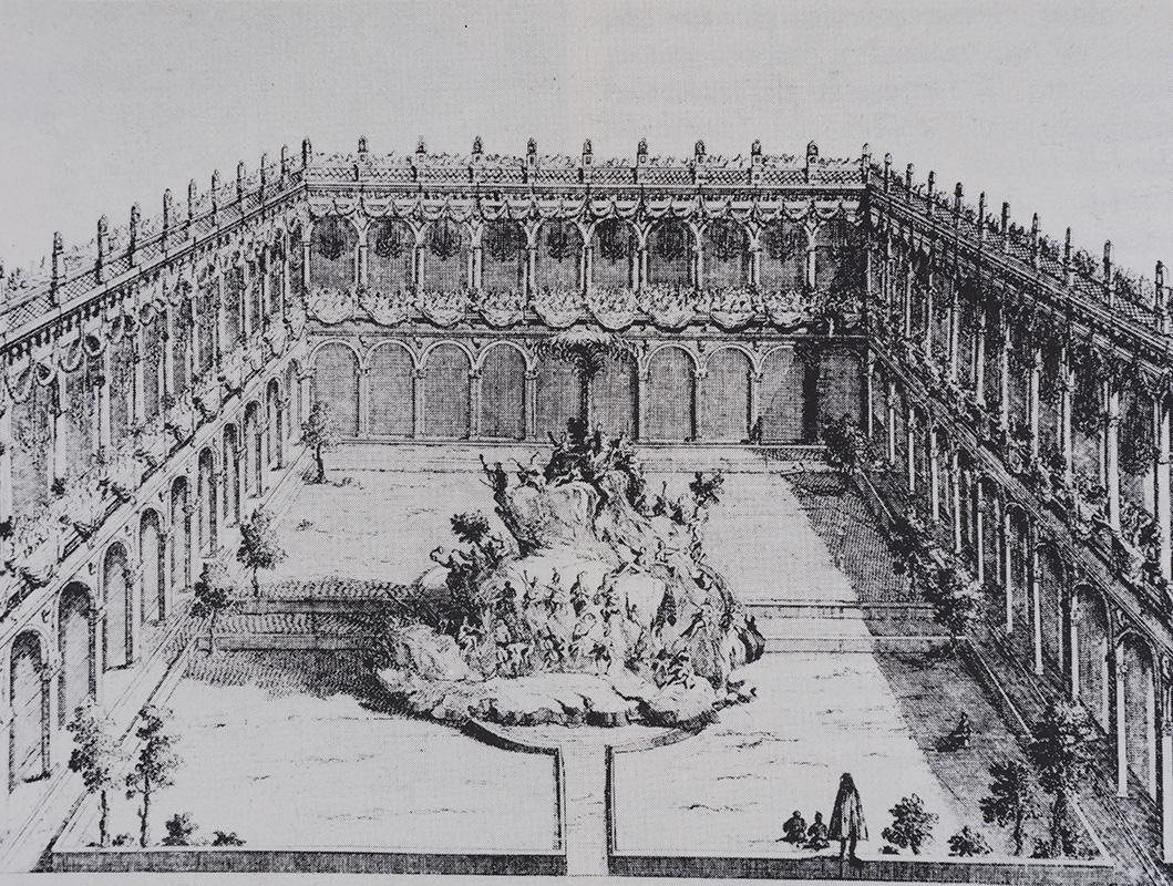 Sistemazione del cortile del Palazzetto in occasione di una festa, in un'incisione di Filippo Vasconi del 1727
