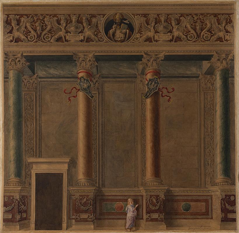 Sala del Mappamondo con il progetto di ripristino della decorazione originaria di una parete, in un acquerello di Alfredo Energici e Enrico Ruffini del 1917-1920
