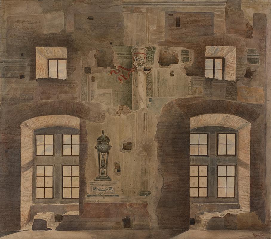Sala del Mappamondo prior to restoration, detail of a wall with fragments of 15th-century and neoclassical frescos, in a watercolour by Ada Levi from 1919
