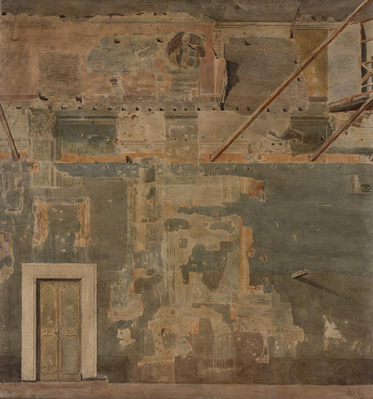Sala del Mappamondo (Hall of Maps) prior to restoration, detail of a wall with fragments of a 15th-century fresco, in a watercolour by Ada Levi from 1919
